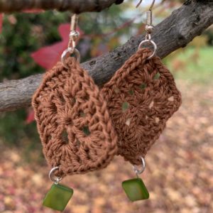granny square crochet earrings with mother of pearl bead